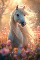 White horse with flowing mane standing in wildflower meadow at sunset, backlit by golden light creating ethereal atmosphere among pink cosmos flowers.