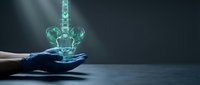 Digital holographic crown floating above open palm with glowing green light effects and futuristic technology elements for luxury branding concepts.