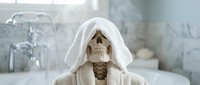 Skeleton wearing white hooded robe and beige cardigan in minimalist bathroom setting, representing death, mortality, and existential themes for editorial and conceptual projects.