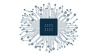 Microchip with radiating circuit paths in blue and white design. Central processor connects to network of electronic pathways forming modern technology pattern.