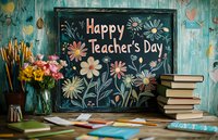 Festive chalkboard with floral design and Teacher's Day greeting, surrounded by books, colorful pencils and fresh flowers on rustic turquoise background.
