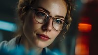 Young professional woman with glasses and curly hair in modern office environment with colorful bokeh lighting effects creating atmospheric workplace portrait.