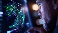 Caucasian male scientist analyzing glowing green DNA structure hologram in dark laboratory setting, illuminated by digital visualization technology.