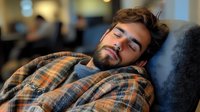 Young Hispanic man sleeping peacefully on gray couch wrapped in plaid blanket, casual indoor lifestyle scene with soft natural lighting and blurred background.