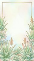 Watercolor succulent and aloe vera border with gold frame on pastel background, copy space for text, great for cards and posters.