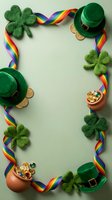 St. Patrick's Day frame with green felt clovers, rainbow ribbons, leprechaun hats, gold coins and copper pots arranged on pale background. Isolated design element.