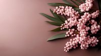 Pink mimosa flowers with green leaves arranged on soft pink background creating elegant spring floral composition for greeting cards and decorations.