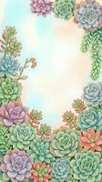Watercolor succulent frame with colorful echeveria and jade plants creating decorative border on soft pastel background for botanical designs.
