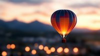 Hot air balloon glowing against sunset sky with mountain silhouettes and bokeh lights in foreground, creating magical atmospheric scene for travel and adventure concepts.