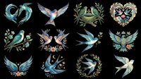 Watercolor birds with floral elements isolated on transparent background. Ready for t-shirt design, clipart, stickers, sublimation, print-on-demand products and digital crafts.