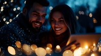 Young diverse couple smiling with glowing candlelight and bokeh lights creating romantic evening atmosphere outdoors during winter celebration or date night.