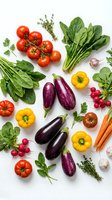 Fresh organic vegetables and herbs arranged on white background including tomatoes, eggplants, peppers, spinach, carrots and radishes for healthy cooking.