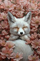 Smiling white fox surrounded by blooming pink cosmos flowers, expressing joy and serenity in nature. Artistic composition with soft lighting and detailed fur.