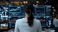 Young Asian businesswoman analyzing financial market data on multiple screens with charts and graphs in modern corporate office trading room.