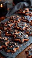 Halloween star-shaped cookies with black icing and orange sprinkles on dark slate, creating festive mood with candlelight in background.