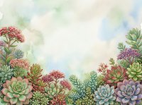 Watercolor succulent garden border frame with colorful plants and soft pastel background for botanical design projects and natural decor applications.