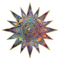 Ornate mandala star with intricate geometric patterns, decorative swirls, and gradient colors in purple, blue, gold, and teal. Isolated design element suitable for spiritual artwork, meditation graphics, textile prints, and decorative applications.