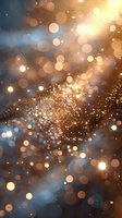Magical golden and blue bokeh background with glowing particles and light effects creating dreamy atmosphere for festive designs and celebrations.