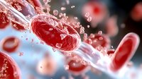 Red blood cells flowing through arteries and veins with plasma and other microscopic particles in dramatic scientific visualization for medical education and research.