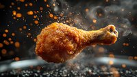 Crispy fried chicken drumstick floating in dark atmosphere with steam, orange spice particles and dramatic lighting creating dynamic food composition.