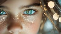 Mesmerizing bright turquoise eyes with glitter freckles and sparkles on face against blurred bokeh lights background, close up beauty portrait with magical atmosphere.