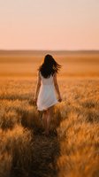 Woman with long dark hair wearing white sleeveless dress walking through golden wheat field at sunset, viewed from behind, for lifestyle and nature editorial use.