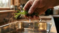 Senior male hand holding fresh rosemary sprig over cooking pot in kitchen, preparing herb-infused meal for culinary use.