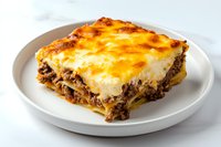 Traditional layered lasagna with ground beef, melted cheese and bechamel sauce on white ceramic plate against light background. Close up view of Italian cuisine.