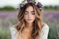 Young woman with floral crown and off-shoulder lace dress poses with closed eyes in lavender field, soft natural lighting creates dreamy romantic atmosphere.