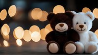 Two plush teddy bears, brown and white, sitting together against blurred warm bokeh lights creating romantic atmosphere. Suitable for greeting cards and holiday designs.