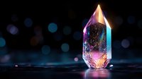 Luminous crystal with magical purple and turquoise aura glowing against dark background with bokeh lights, mystical gemstone emanating ethereal energy.