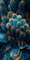 Macro shot of turquoise and copper feathers with water droplets creating magical light effects. Natural pattern background for luxury and fashion designs.