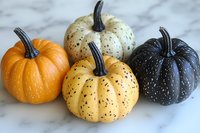 Small decorative pumpkins in orange, white and black with speckled patterns arranged on marble surface, seasonal autumn harvest display for Halloween decor.