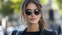 Young Caucasian woman wearing round sunglasses and black top smiling confidently outdoors with soft bokeh background, natural makeup and loose updo hairstyle.