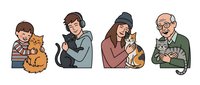 Happy diverse people holding and cuddling with their beloved cats showing love and affection for pets in cozy home setting.