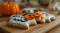 Halloween decorated sugar cookies with orange pumpkin and white ghost icing on wooden cutting board with autumn pumpkins in background for seasonal baking.