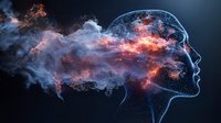Conceptual visualization of human consciousness with cosmic energy flowing through translucent head profile against dark background.