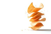 Crispy potato chips stacked in floating motion against white background, with small crumbs scattered around. Isolated snack photography for food advertising.