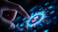 Digital finger touch activating glowing cryptocurrency symbol with network connections and financial data visualization in blue futuristic interface.