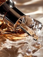 Luxury cosmetic dropper bottle pouring golden serum essence with splashing droplets and pearls on shimmering bronze surface in macro photography.