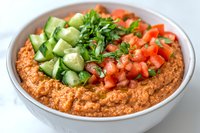 Muhammara dip garnished with fresh diced cucumber, tomatoes and parsley in white bowl. Middle Eastern walnut and red pepper spread topped with colorful vegetables.