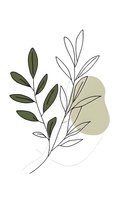 Minimalist botanical line art with olive leaves and abstract beige shape on white background for modern home decor, wellness branding, or invitations.