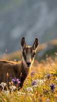 Young deer standing in alpine meadow with wildflowers during golden hour sunset light creating warm natural wildlife portrait for outdoor adventure content.