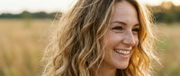 Happy blonde woman with wavy hair smiling outdoors in golden hour light with natural field background for lifestyle and wellness content.