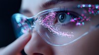 Magical glitter makeup around blue eyes with transparent glasses creating ethereal sparkle effect against dark background, close up beauty shot for cosmetic advertising.
