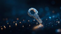Water drops on metal key in dramatic lighting with blue and orange bokeh background creates mysterious atmosphere for security and protection concepts.