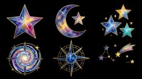 Celestial stars, moon, and compass rose elements isolated on transparent background, ready for t-shirt design, clipart, stickers, sublimation, and print-on-demand projects.