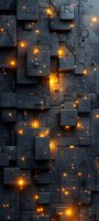 Abstract technological background with glowing orange lights illuminating dark geometric circuit patterns and raised modular surfaces creating depth and dimension.