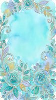 Turquoise watercolor background with ornamental floral border featuring roses, leaves, and berries in teal, purple, and gold tones. Isolated design ready for invitations, greeting cards, and digital projects.