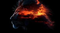 Majestic lion profile silhouette with dramatic African savanna sunset double exposure effect, fiery sky and acacia trees merged in artistic wildlife composition.